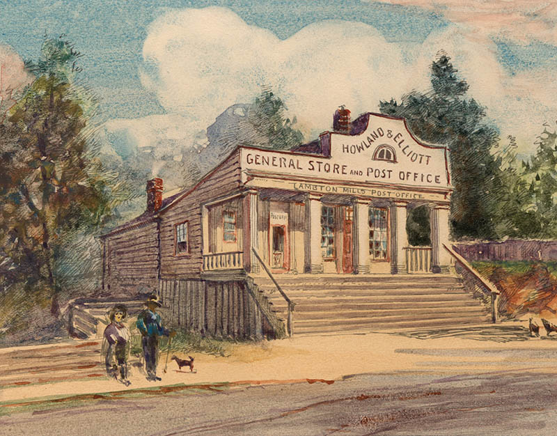 Painting of Howland and Elliott General Store and Post Office with two hikers and dog standing outside