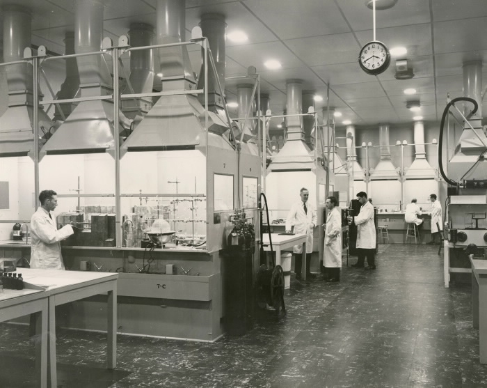 Workers in the main isotope production laboratory. Each worker has a small laboratory with a fumigation hood overhead.