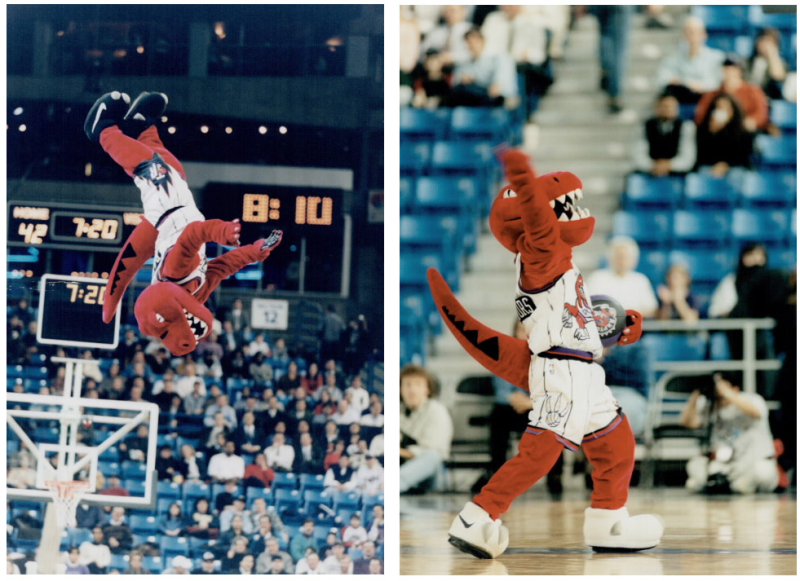 Side by side photos one with mascot mid air doing flip and another with the mascot on the court with fist raised