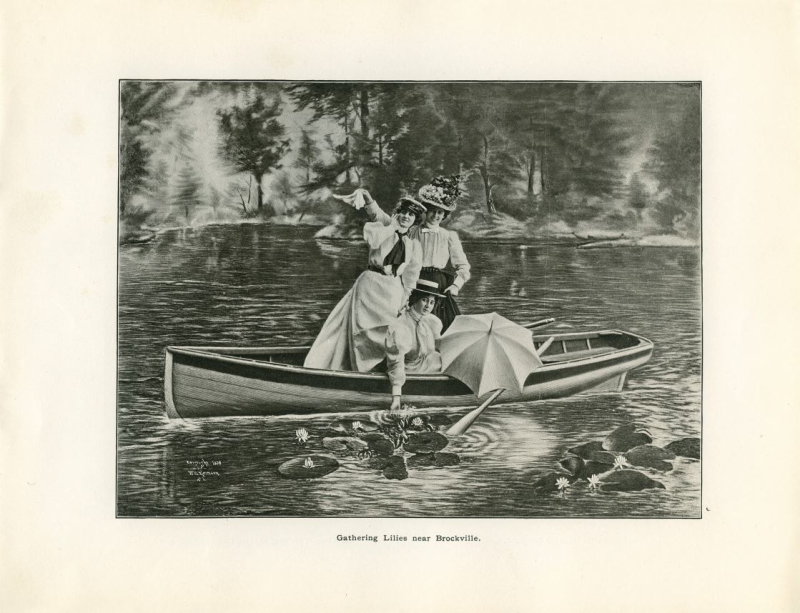 Inset black and white image of three women in vintage clothing on canoe with umbrellas