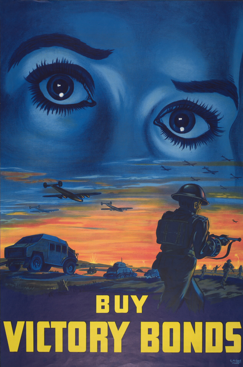Poster of large concerned female eyes above a battle field and the words Buy Victory bonds