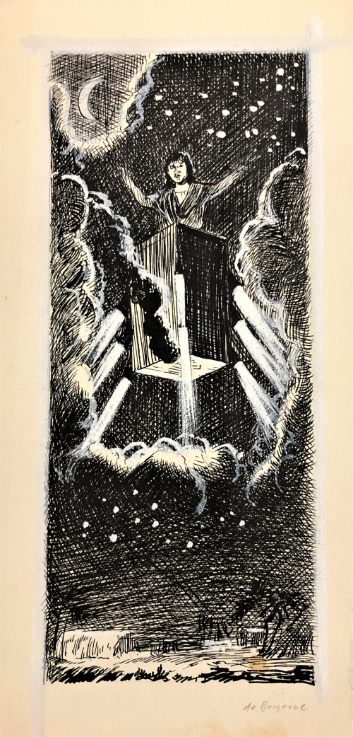 Pulp illustration of Cyrano de Bergerac’s rocket-powered moon craft.
