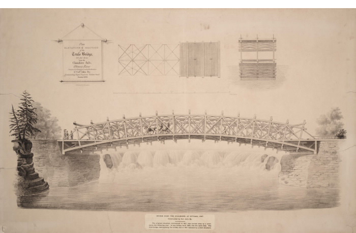 Detailed outline of a detailed wooden bridge over a waterfall