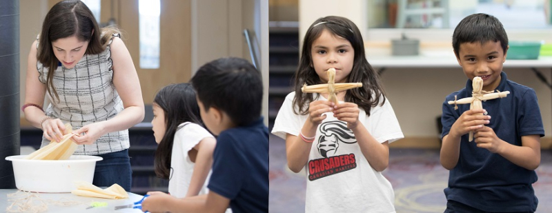 Children making corn husk dolls during one of Broti's programs for Indigenous Day at the S. Walter Stewart Branch Children making corn husk dolls during one of Broti's programs for Indigenous Day at the S. Walter Stewart Branch