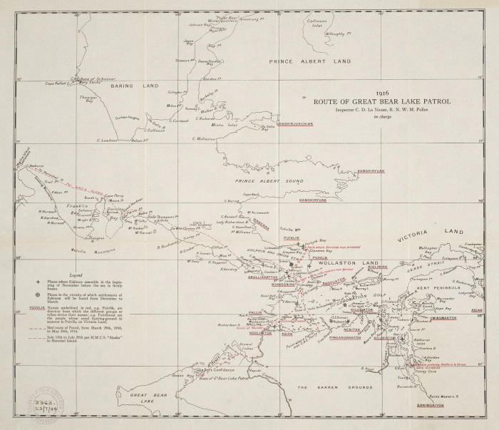 Minimal map of Great Bear Lake region with Toronto Public Library stamp