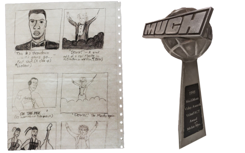A storyboard of a man in a bow tie and a conductor on a lined piece of paper and a award statue as a different image with the word MUCH in large letters with details of the award on the skinny base
