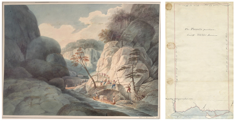 Two images side by side  one of an illustration of a river in a valley with canoes and travellers and the other image showing a map with a large rectangle of empty space