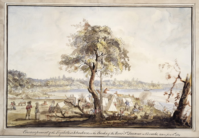 Painting of a small settlement of tents and people living there near a body of water