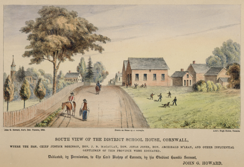 Painting of a dirt road in a lightly populated area with a few travellers