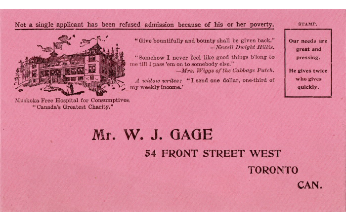 Pink envelope with calls for individuals to donate to the Muskoka Free Hospital