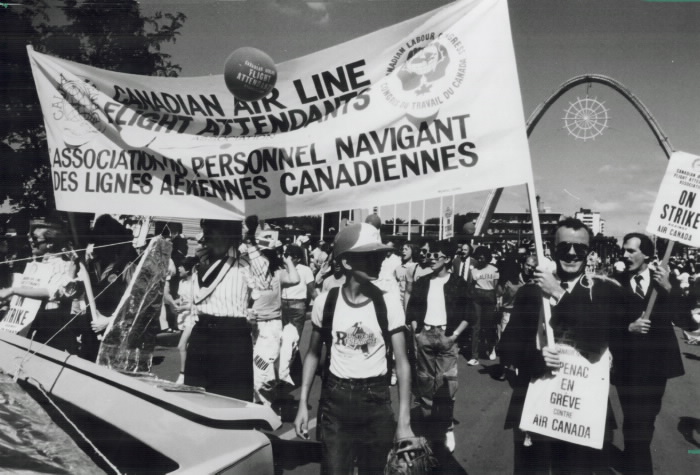 1985 Labour Day Parade Members of the Canadian Air Line Flight Attendants Association which represents 3 200 attendants on strike against Air Canada  receive shouts of encouragement from spectators watching yesterday