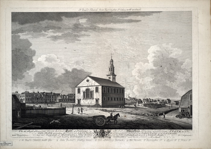 Black and white drawing of a chuch with people and a dog walking around the surrounding area