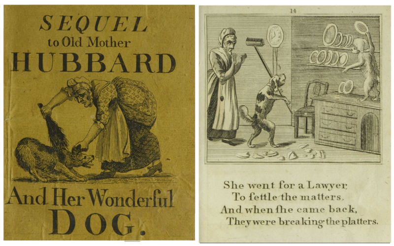 Book cover the reads Sequel to Old Mother Hubbard and Her Wonderful Dog show an old lady brushing her dog and to the right is a different page with dogs breaking dishes in a home