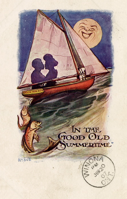 In the Good Old Summertime 1907 vintage postcard - the boat is named Spoon Holder