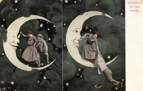 Spooning in the moon circa 1910 vintage postcard
