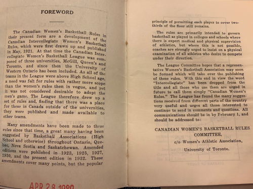 Canadian women's basketball rules published 1932 foreward