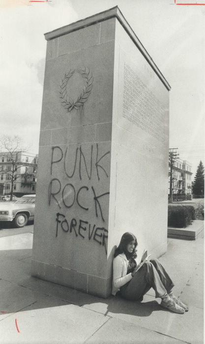 1978 Toronto Star photo archive image by Reg Innell of War memorial at Forest Hill Collegiate has been marred by vandals with the words Punk Rock Forever
