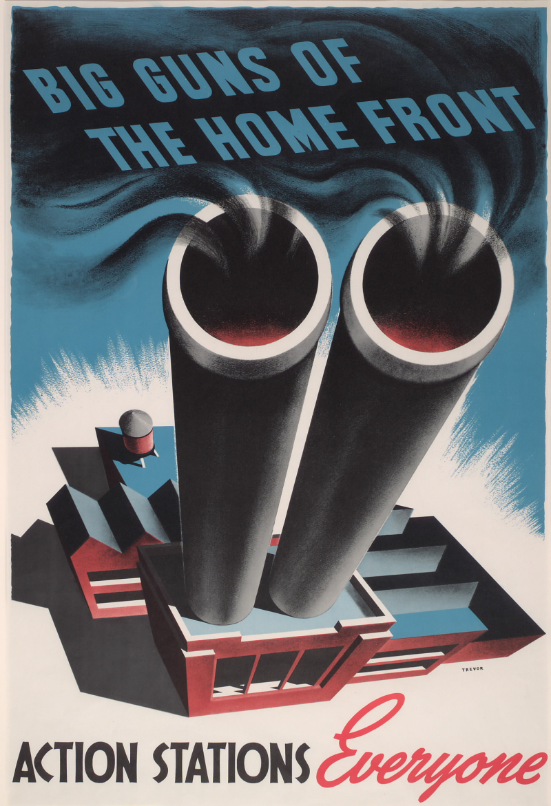 Poster with two smoke stacks that look like weapons and the text Big guns of the home front action stations everyone