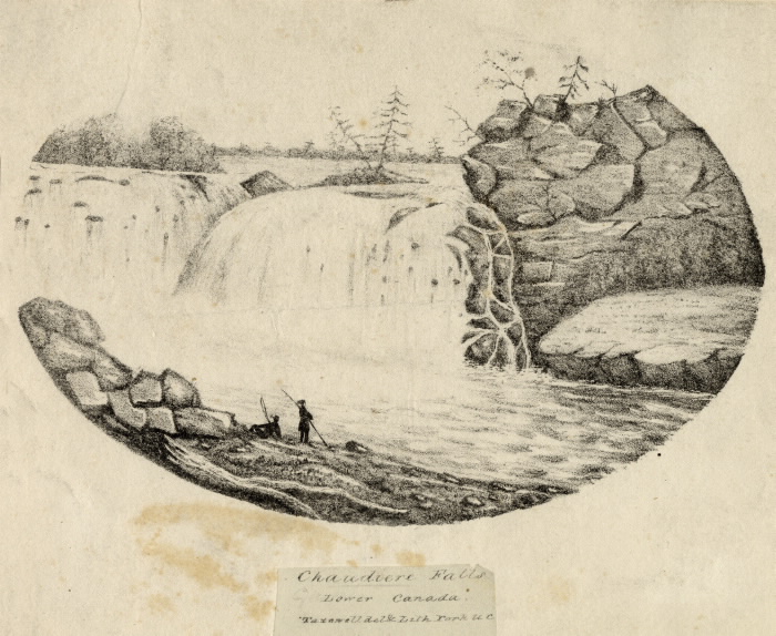 Black and white oval sketch of waterfalls with two figures at base