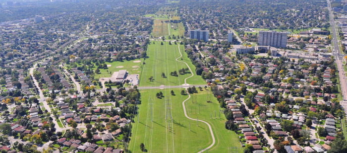 Aerial view of The Meadoway looking west toward downtown Toronto 