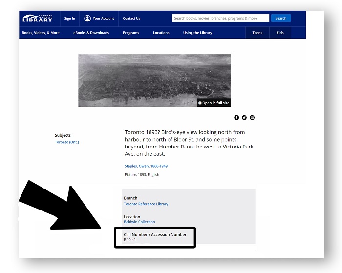 Screenshot shoing Toronto Public Library's website and an old image of Toronto with one of the details towards the bottom of the page highlighed with an arrow pointing to it Screenshot shoing Toronto Public Library's website and an old image of Toronto with one of the details towards the bottom of the page highlighed with an arrow pointing to it