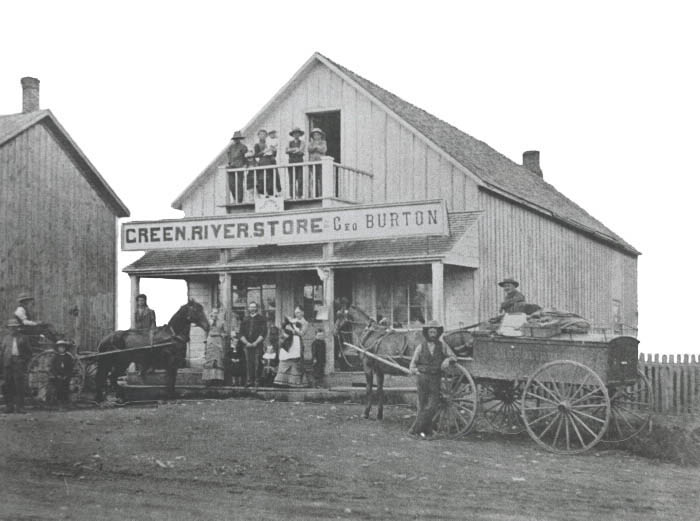 Old general store and people outside  background turned to white