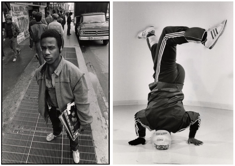 One photo of man holding records with headphones one and another photo of a man break dancing on his head in a track suit