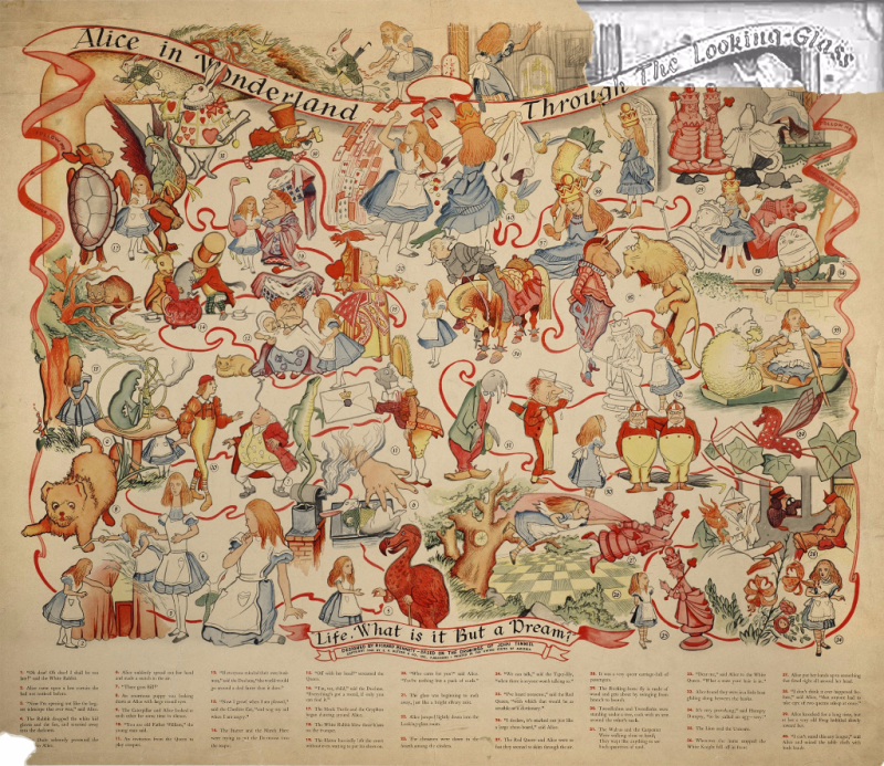 Large poster with torn corner and multiple scenes of illustrated characters and numbers