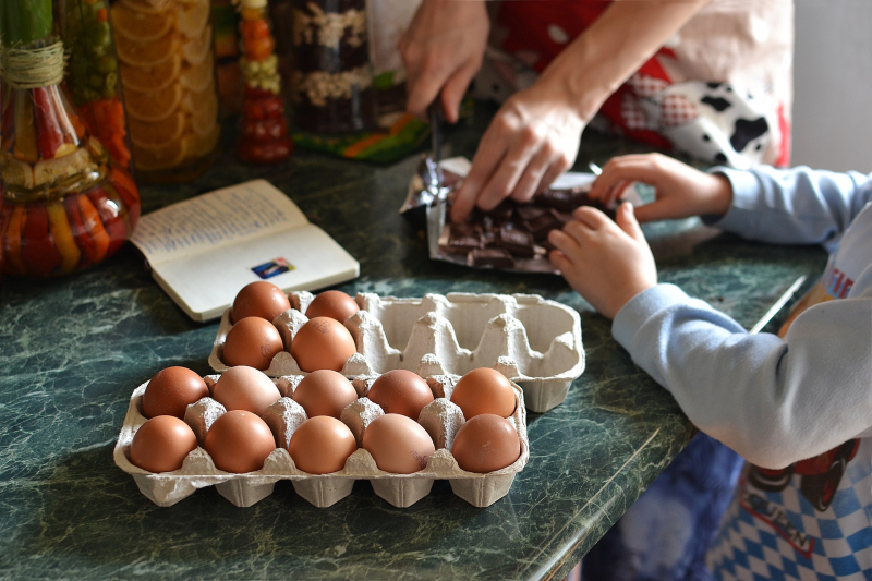 Brown eggs on a kitchen counter