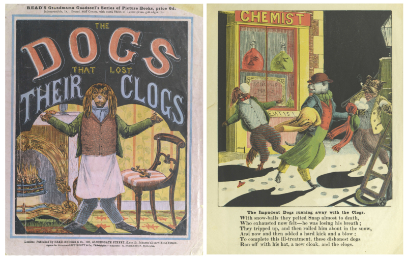 Book cover of The Dogs that Lost Their Clogs with a dressed dog standing in living run with hands up and to the right is a page from the book with dogs running away with clogs and text underneath
