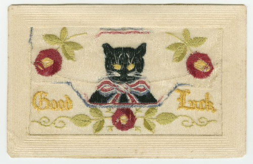 Good Luck vintage black cat silk postcard WW1 era