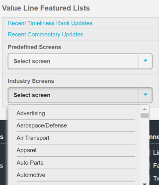 Industry Screens dropdown, featuring an alphabetical list of industries to choose from