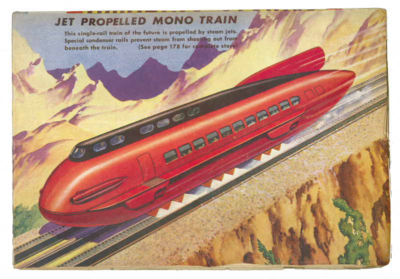 Illustrations of speeding car labeled as a Jet Propelled Mono Train Illustrations of speeding car labeled as a Jet Propelled Mono Train