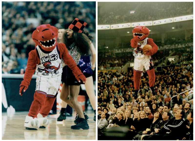 Two photos one with mascot dancing on court the other with the raptor mid-air pointing at camera