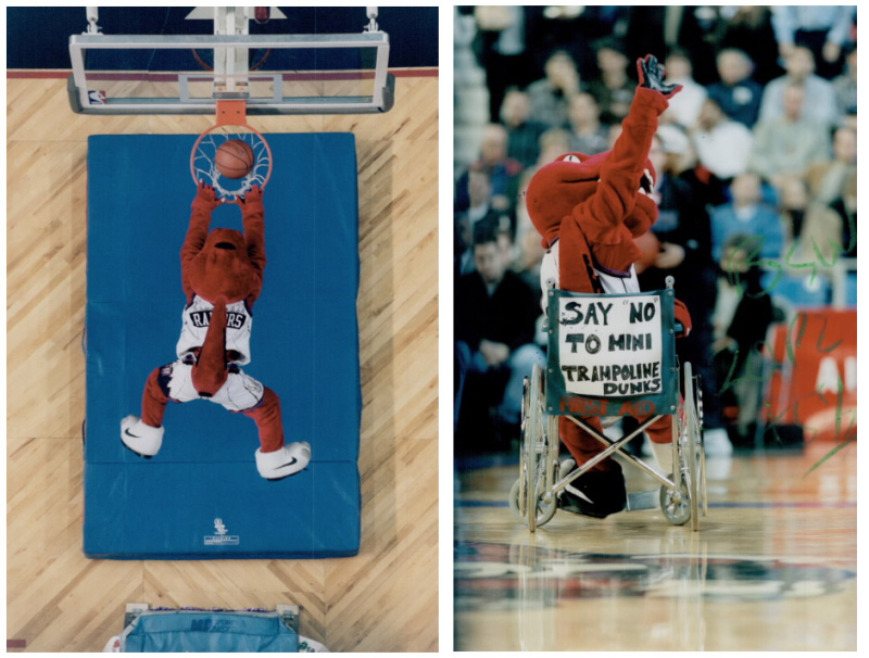 Two photos on with an overhead view of mascot dunking and the other with the mascot in a wheelchair that reads say no to mini trampoline dunks