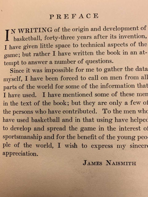 preface to Basketball, its origin and development by James Naismith published in1941