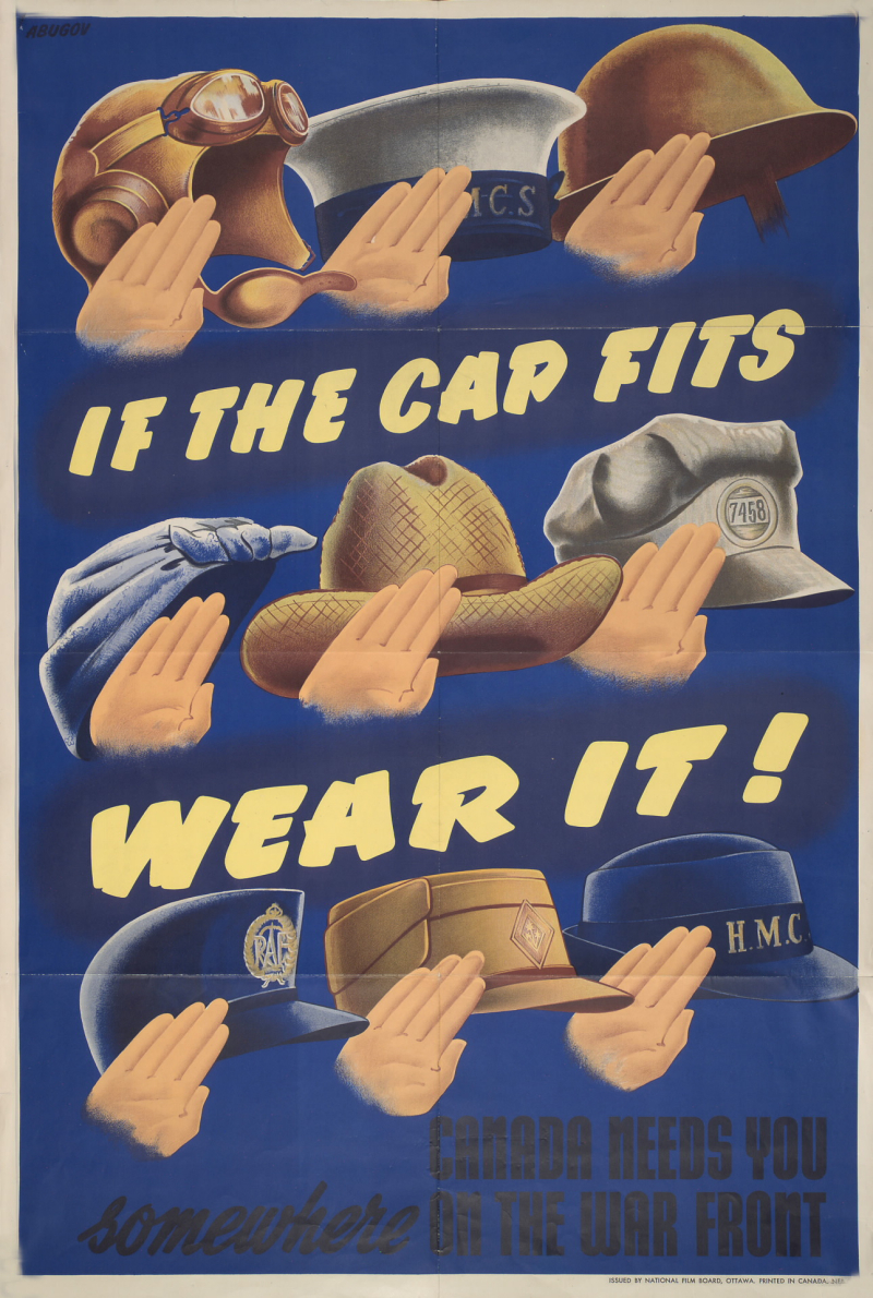 Poster reading If the cap fits  wear it! and nine different hats of various professions such as farmer or pilot
