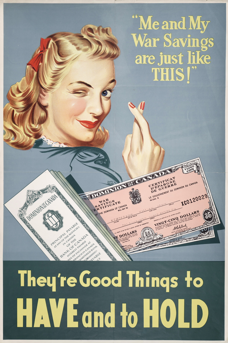 Poster with women winking and crossing fingers with text reading Me and my war savings are just like this and wording below the image reading they're good things to have and to hold