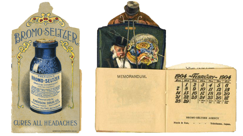Cover of pamphlet for Bromo seltzer medicine that opens up to show a calendar of February in the Leap year of 1904