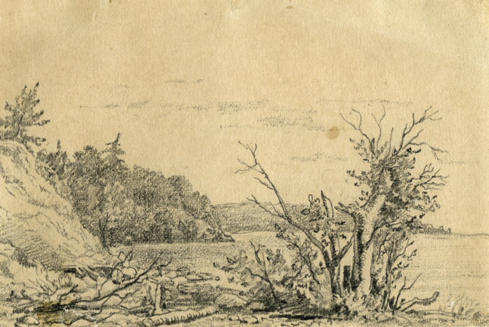 Drawing of Kempenfelt Bay in 1872. The landscape is mostly rock and bushes.