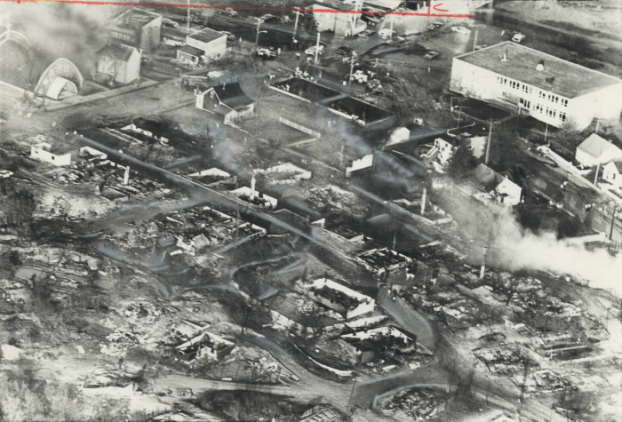 Aerial photo of Cobalt after it was destroyed by fire in 1977.