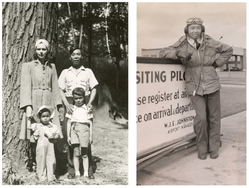 Two photos  one with a mother and father with two children and another photo of a man dressed in a pilot's uniform at an airport