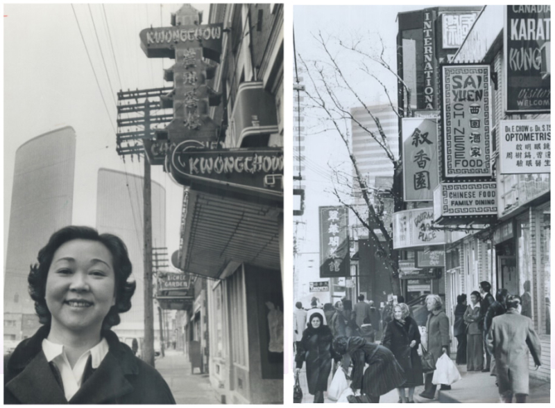 Two photos  one of a woman posing in front of store signs with Toronto City Hall in background and another photog of Chinatown full of people