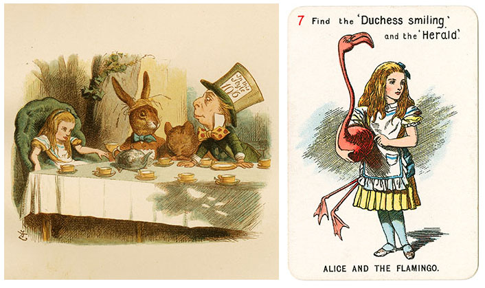 Two images  one of a tea party with a girl and a rabbit and a man with a large hat and the other image is a card with the text Alice and the flamingo with an illustration of a girl holding a big flamingo