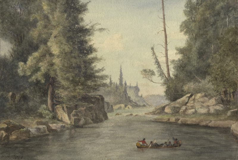 A painting of Indigenous peoples canoeing on the Ogoki River in Thunder Bay, 1869