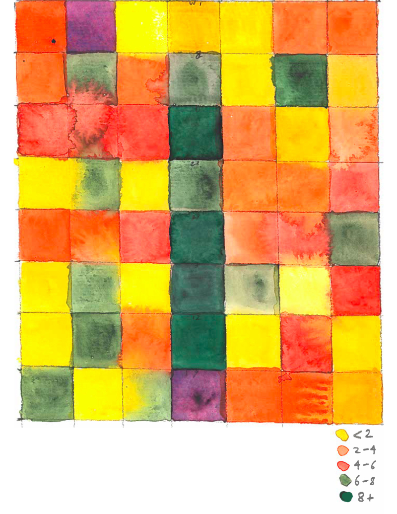 watercolour painting with coloured grid