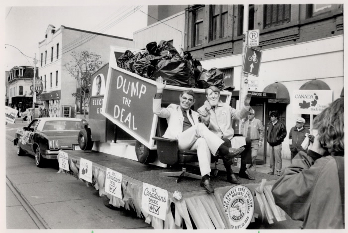 1988 Labour Day Parade Toronto - Prime Minister Brian Mulroney and U.S. President Ronald Reagan images to protest Free Trade