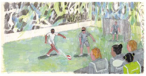 Illustration of men playing soccer with black sunglasses