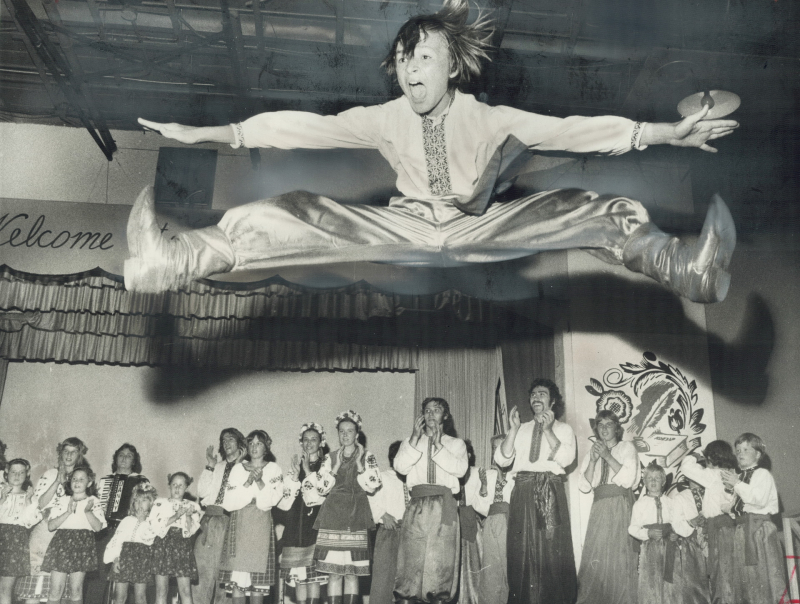 With a dramatic leap   a dancer of the Ilarion ensemble performed at the Ukrainian Poltava in 1975