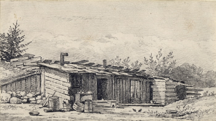 Drawing of a Shanty Bay log house in 1872.